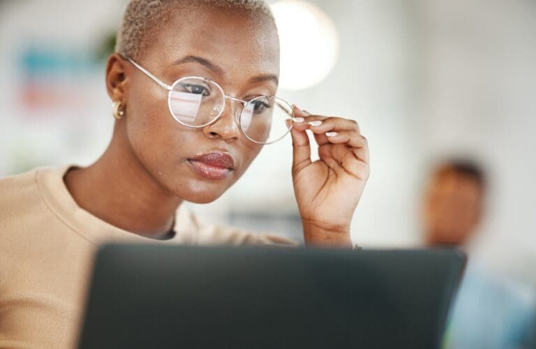 Office,,Computer,And,Black,Woman,With,Glasses,,Serious,Or,Reading