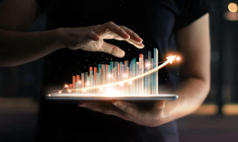 Businessman,Holding,Tablet,And,Showing,A,Growing,Virtual,Hologram,Of