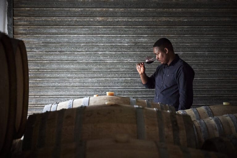 Vergenoegd-Löw_Vusi-Dalicuba_Winemaker-in-cellar_2023-Sean-Gibson