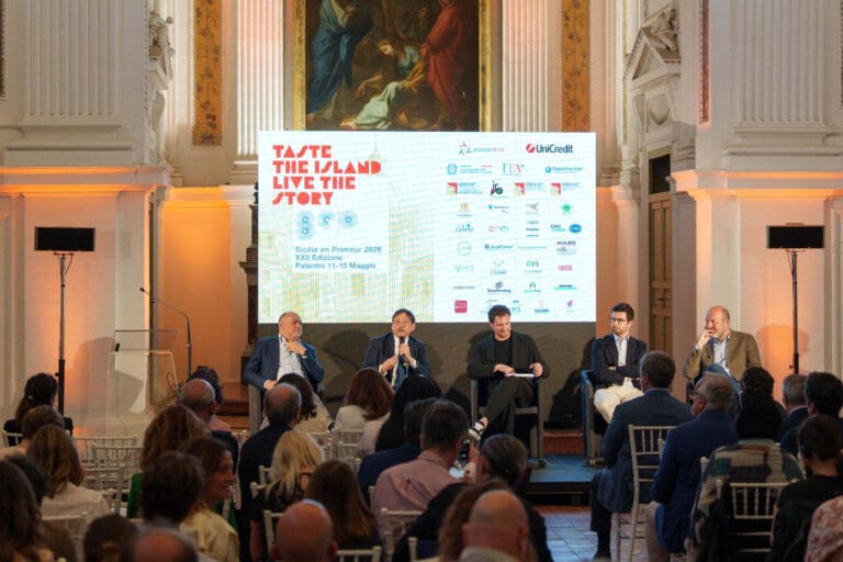 Sicilia en Primeur conference 2026 from left Vincenzo Russo, Dario Stefàno, Andrea Amadei, Filippo Galanti, Edoardo Colombo
